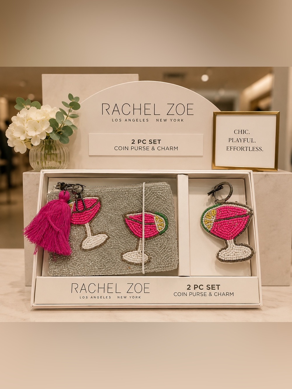 Rachel Zoe Silver Beaded Coin Purse & Pink Cocktail Charm